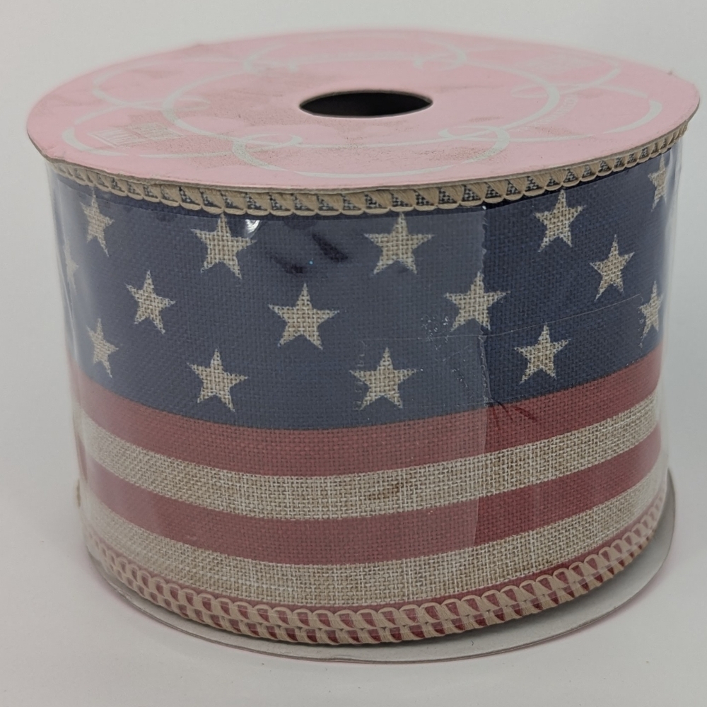 Linen Red Blue Flag Striped Star Wired Party Decorations Ribbon 2.5" 4 July 🇺🇸 - Picture 7 of 7
